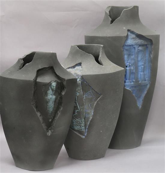 Three contemporary grey stoneware vases by Amanda King, H 52cm (largest)